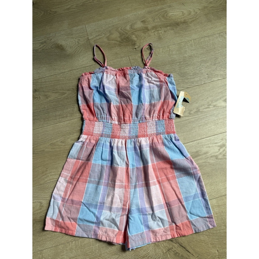 NWT Kids Girls Thereabouts Checkered Plaid Romper Linen Cotton Size L 14